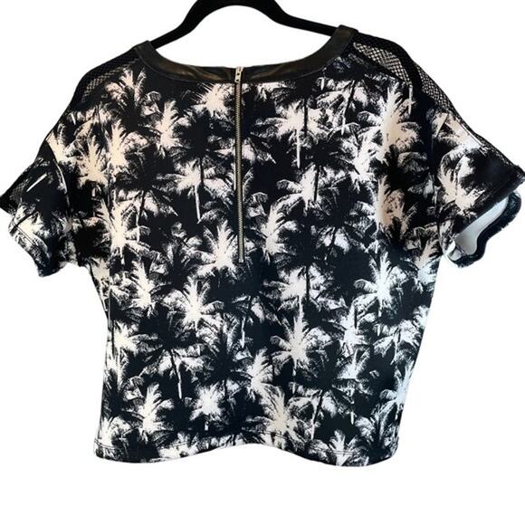 Guess Black & White Palm Tree Print Scuba & Knit Mesh Detail Top - Medium - Picture 2 of 4